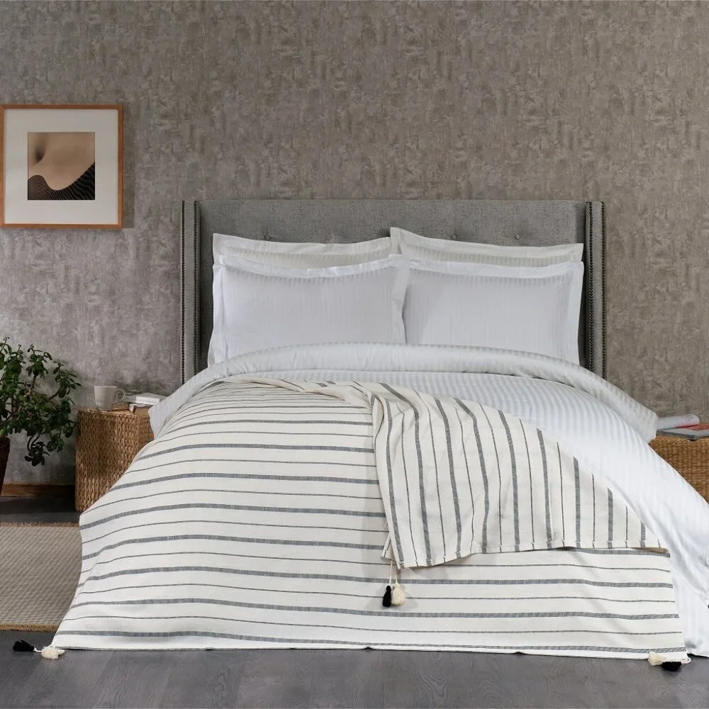 Large off-white & Black striped Turkish Cotton tasseled throw by Cotton & Olive